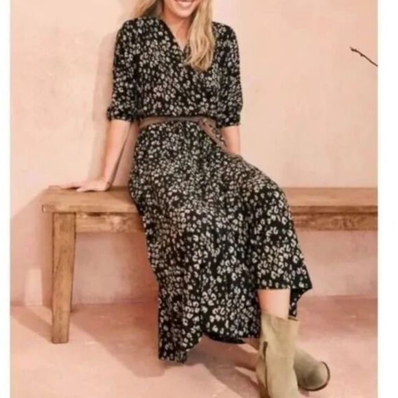 Garnet Hill NWOT Black Ivory Leopard Wrap StyleTop Elbow Sleeve Midi Dress Sz XS - Picture 1 of 15